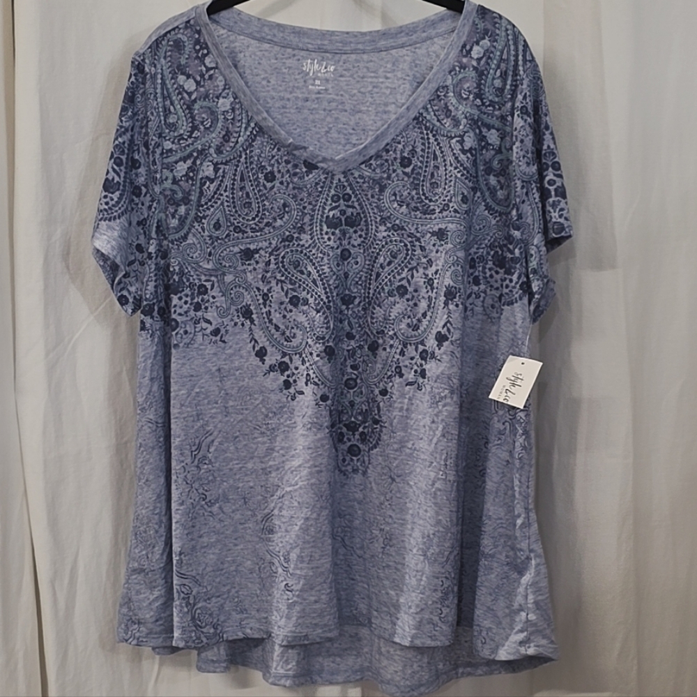 0x 1x 2x 3x Style Co Blue Paisley Floral Space Dye Casual V Neck Tunic Top Boho